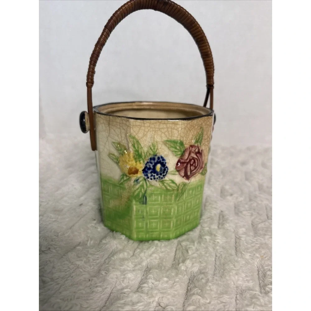Vintage Handpainted Ceramic Cracker Biscuit Jar Rattan Basketweave Cottagecore